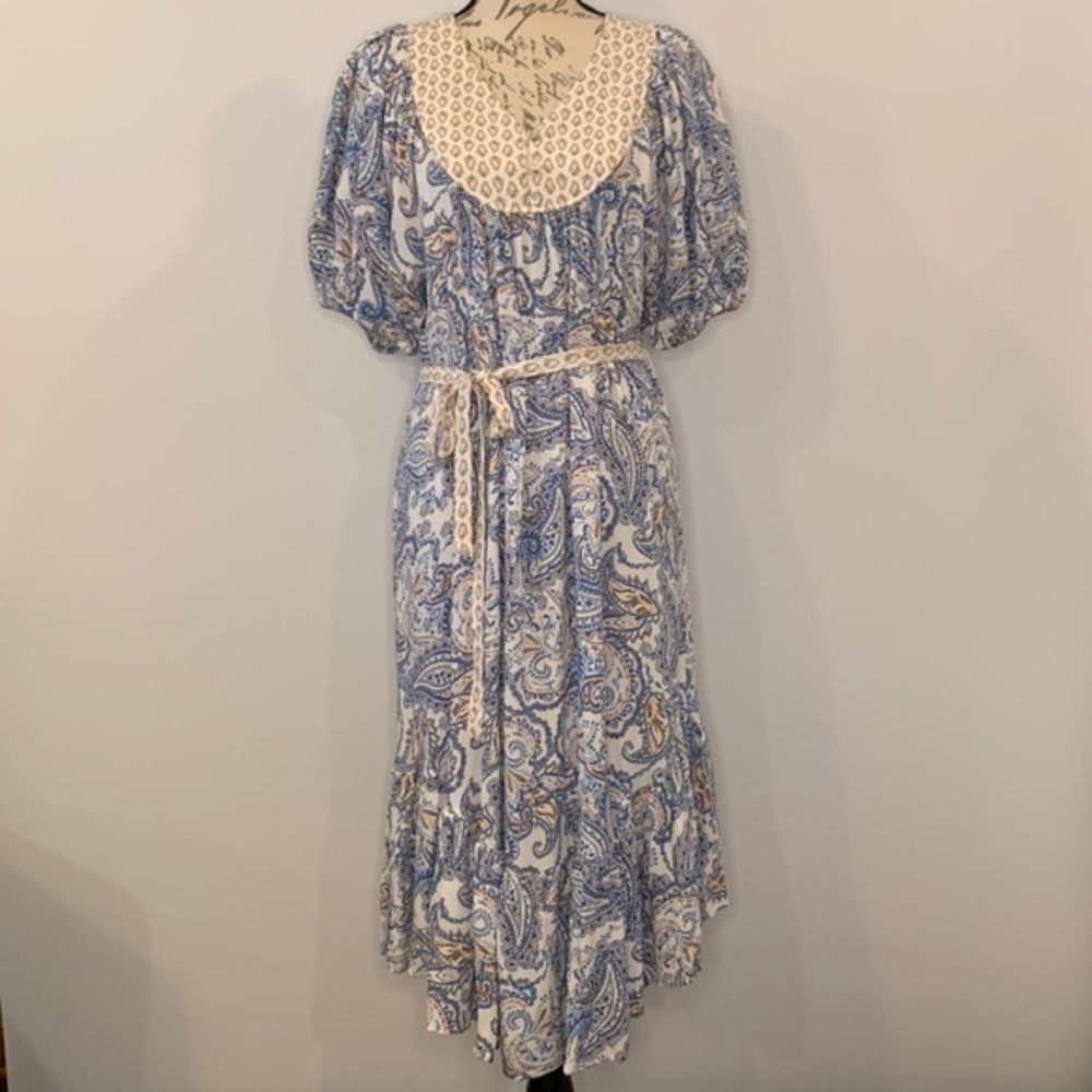 NWT Lucky Brand paisley puff sleeve belted prairie dress L